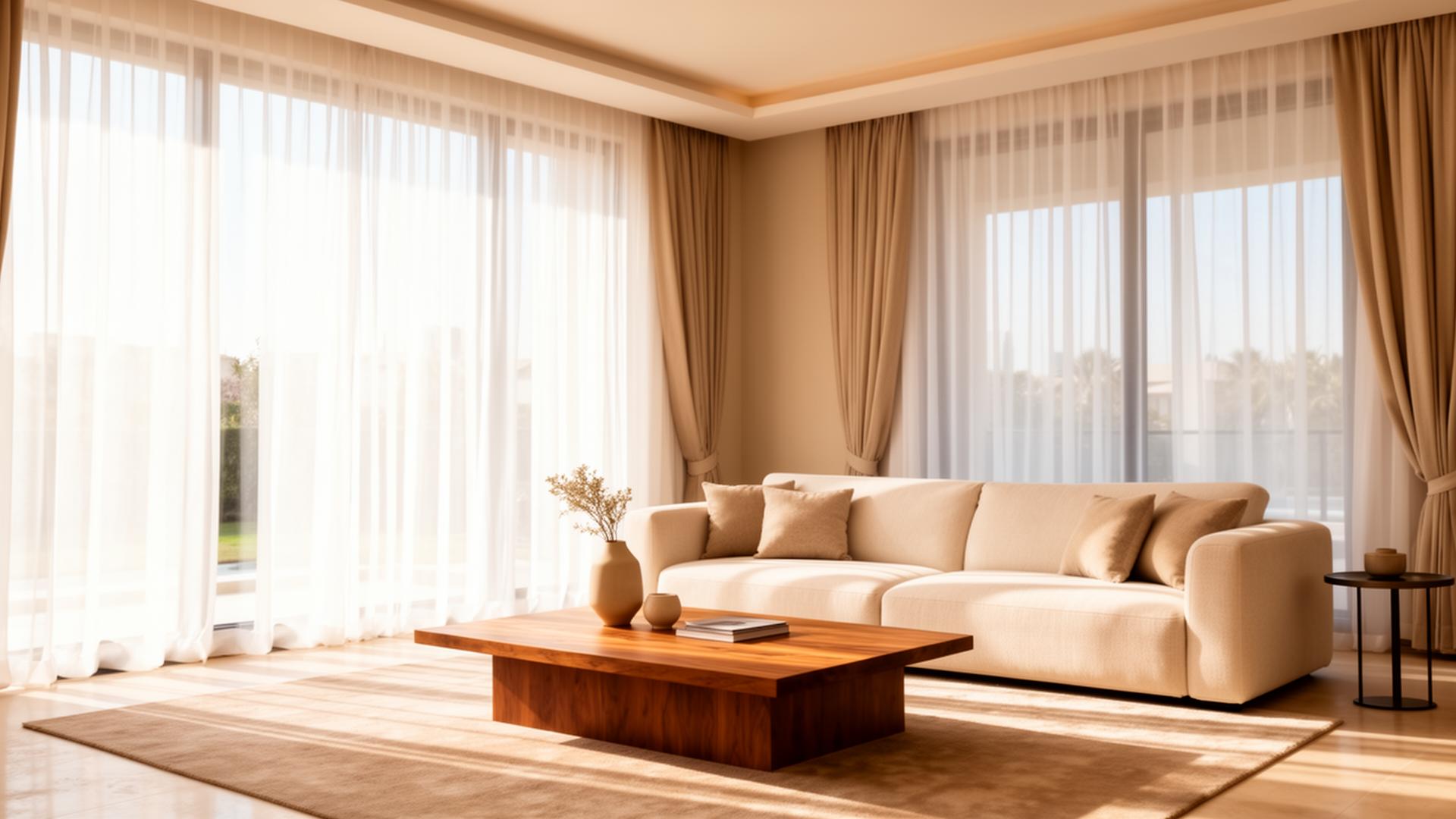 Modern Dubai living room with elegant curtains